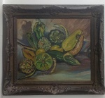 ANTONIO BANDEIRA "NATUREZA MORTA" OST FIXADO EM EUCATEX , ASSINADO E DATADO 16/04/41 CIE . MEDIDAS : 41 CM X 48 CM . MOLDURA EM MADEIRA ENTALHADA