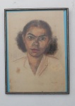 TARSILA DO AMARAL (1886-1973). DESENHO A CARVÃO E LÁPIS DE COR, ASSINADO CID . MEDIDAS: 57 CM X  40 CM. MOLDURA COM VIDRO..(APRESENTA MANCHAS EM FUNÇÃO DO TEMPO.)