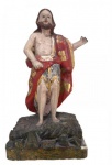 Arte Sacra, Brasil, Sec. XIX. Linda escultura de Santo João, em madeira policromada e dourada. Olhos de vidro. Policromia bem preservada. Mínimas percas pictóricas. ( ausência do carneirinho e algumas falanges). Mede:26cm.