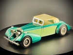 Miniatura 1938 Hispano-Suiza  Matchbox, Carroçaria em dois tons de verde metalizado com tejadilho rígido em tom bege/creme, interior detalhado com assentos claros e volante em tom amarelado, faróis dianteiros duplos proeminentes, matrículas decorativas (AJN 216), bem como grelha, para-choques e jantes raiadas cromadas. Med. 03x11x04 cm. Marcas do tempo e de uso.