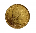 ARGENTINA 1896 - Moeda em ouro 22k República Argentina, valor 5 Pesos, datada de 1896, apresentando no anverso a efígie da Liberdade com inscrição LIBERTAD, e no reverso o brasão nacional argentino. Peso aproximado: 8,3 g.