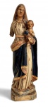 MINAS SÉC. XIX - Antiga imagem sacra representando Nossa Senhora da Vitoria com o Menino, em madeira entalhada e policromada. Trabalho antigo, de caráter devocional, com vestes em tons de azul, creme e dourado. Apresenta desgastes e perdas compatíveis com o tempo. Base original. Meados séc. Medida: 25 cm de altura.