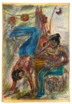 SUZANA LEVY (Rio 1937 / idem 2023) - Obra em técnica mista sobre papel cartão representando cena de caráter popular com homens lutando capoeira, destacando composição expressiva e uso vibrante de cores. Traço livre e gestual, com forte dinamismo. Assinada e datada 1993 no canto inferior. Verso com marcas do tempo. Mede 32x46cm.
