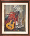 SUZANA LEVY (Rio 1937 / idem 2023) - Óleo sobre tela, natureza-morta representando violão, flauta e partituras sobre composição de forte apelo musical, com pano drapeado em tons quentes. Paleta rica, pincelada expressiva e composição equilibrada, típica de produção decorativa de meados do século XX. Assinatura no canto inferior esquerdo. Moldura em madeira. Medida total 1m07cm x 90cm.
