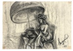 Suzana Levy (Rio de Janeiro, 1937  Rio de Janeiro, 2023) - Desenho a carvão sobre papel representando figura feminina nua, em composição surreal com elementos escultóricos e guarda-sol. Traço expressivo, com sombreamento marcante e atmosfera onírica. Assinado e datado 89 no canto inferior direito. Mede 50cm x 34cm.
