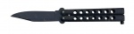 Canivete tipo butterfly (balisong), com lâmina em aço escurecido e cabo metálico vazado. Peça de estilo utilitário e contemporâneo, de desenho característico articulado, apresentando leves marcas de uso. Mede 18,5 cm.
