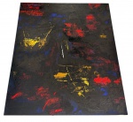 VANUZA PAES - Pintura abstrata contemporânea, técnica mista sobre tela, composição de linguagem gestual e expressiva, com predominância de tons escuros contrastados por intervenções em vermelho, azul e amarelo. A obra apresenta rica textura e vigor matérico, características que conferem profundidade e forte impacto visual. Assinada.Acompanha certificado autenticidade. Mede 0,80cm x 100cm.