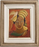 Obra em óleo sobre placa, composição figurativa representando busto feminino estilizado, com elementos de natureza-morta integrados à figura, destacando frutas tropicais e pomba branca sobre fundo em tonalidades quentes. Assinado no canto inferior esquerdo. Emoldurado. Medida da obra 25 x 32 cm. Medida total 39 x 46 cm.
