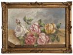 ARMANDO VIANNA (Rio de Janeiro, 1897  Rio de Janeiro, 1992)Natureza-morta com rosas, óleo sobre tela, assinada no canto inferior esquerdo. Composição delicada apresentando rosas em tons de branco, rosa e amarelo sobre mesa, executada com pincelada suave e refinado tratamento cromático. Moldura de madeira de época ricamente ornamentada em dourado antigo. Medida da obra 55 xx 58 cm. Medida total 48 xx 65 cm.