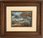 SUZANA LEVY (Rio de Janeiro, 1937  Rio de Janeiro, 2023)  Óleo sobre tela representando paisagem com casario e árvore em destaque, composição de caráter expressionista, assinada no canto inferior direito. Emoldurada. Medidas da obra: 24 x 18,5 cm. Medidas totais: 51 x 45,5 cm.
