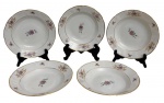 Cinco pratos fundos em porcelana Rio Branco, decoração floral policromada com reservas e frisos dourados. Marca da manufatura na base. Medidas: 23 cm de diâmetro.