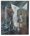 SUZANA LEVY (Rio de Janeiro, 1937/ idem 2023). Óleo sobre tela representando composição expressionista com figura escultórica em ambiente arquitetônico, marcada por vigorosas pinceladas, contrastes de luz e paleta em tons azulados e ocres. Obra de forte caráter moderno, evidenciando a linguagem plástica característica da artista. Sem moldura. Medidas da tela: 46 x 55 cm.