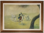 MIGUEL CRISTO  Cavaleiros no deserto, Marrocos, 1964. Óleo sobre tela representando cena orientalista com cavaleiros e figuras em paisagem desértica, assinada no canto inferior direito e datada. Emoldurada. Medidas: obra 65  92 cm; medida total 83  111 cm.