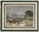 BETZOLD  Óleo sobre tela representando paisagem portuária, com embarcações atracadas e navios em estaleiro, composição em tons acinzentados e terrosos. Assinado no canto inferior direito. Emoldurado. Medidas: obra 65  50 cm; medida total 87  72 cm.