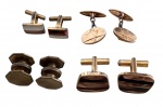 Conjunto com 4 pares de abotoaduras vintage, em metal dourado, com diferentes formatos e detalhes, incluindo modelo articulado com corrente. Estilo clássico, meados do século XX.Marcas de uso.