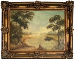 CARLOS MENDES (1950)  Paisagem campestre com lago, óleo sobre tela, assinada no canto inferior esquerdo e datada 1950, em rica palheta de cores e proteção de imponente moldura de madeira entalhada com florões com acabamento em ouro velho. Medida da obra: 73 x 54 cm. Medida total: 95 x 75 cm.