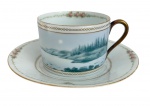 ROSENTHAL - Xícara de chá com pires, em porcelana Rosenthal, decorada com paisagem em tom verde, frisos dourados e guirlandas florais. Ideal para mesa posta e ou coleção.