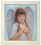 NILTON BRAVO (Rio de Janeiro 1937 - Idem, 2005) - Acrílica sobre tela, retrato da neta do artista em forma de "figura angelical". Assinada no conto inferior direito, proteção de moldura de madeira patinada na cor branca e friso dourado. Obra adquirida diretamente do artista. Medida da obra 90cm x 100 cm. Medida total 100 cm x 121cm.