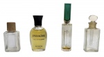 Conjunto de 4 frascos antigos de perfumaria, em vidro, destacando-se PANACHE  NERVAL PARIS, Eau de Cologne, NUITS INDIENNES, Eau de Parfum, CHANEL, além de um frascos sem identificação. Conjunto de interesse decorativo e para colecionadores de perfumaria vintage. Período: meados do século XX. Medida do maior 7,5cm.