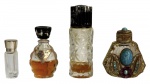 Conjunto vintage com 4 frascos de perfumaria, incluindo miniatura MISS DIOR, frasco BEURRE INTIME  Vichy Paris, frasco em vidro lapidado e delicado frasco decorativo com trabalho em metal dourado e pedras turquesa. Peças de interesse colecionável, representativas da perfumaria e decoração do século XX. Medida do maior 5cm.