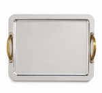 RIVA STAINLESS  Bandeja retangular em aço inoxidável, acabamento polido, com alças laterais douradas. Elegante e sofisticada. Acompanha sacola tecido com marca. Desgaste do tempo. Mede 47 x 36 cm.