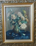 ETTORE FEDERIGUI - Óleo sobre tela com Assinatura no canto inferior direito em tema de flores e moldura em madeira com entalhes manuais. Medidas: 70cm x 85cm.