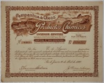 RARIDADE: AÇÕES > PAPEL ANTIGO > COM 106 ANOS - Nº 4607 - DATA 30 DE ABRIL DE 1920 - COMPANHIA DE OLEOS E PRODUCTOS CHIMICOS - VALOR 100 MIL RÉIS - MEDINDO 27 X 33 CM - MARCAS DO TEMPO