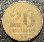 BRASIL  República Base Catálogo Amigo 2024, 01 moeda BC/MBC, 20 Ctvs, Mudança Réis / Cruzeiro (1), Bronze Alumínio, Getúlio Vargas, AV188, sem sigla, 1944.