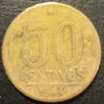 BRASIL  República Base Catálogo Amigo 2024, 01 moeda BC/MBC, 50 Ctvs, Mudança Réis / Cruzeiro (1), Bronze Alumínio, AV197, sem sigla, 1944.