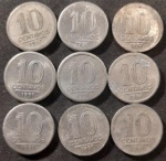 BRASIL  Série Alumínio  Base Catálogo Amigo 2024, 09 moedas BC/MBC, 10 Ctvs., Anverso Brasão da República, AV266, 1957.