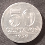 BRASIL  Série Alumínio  Base Catálogo Amigo 2024, 1 moeda Soberba, 50 Ctvs., Anverso Brasão da República, AV279, 1959.