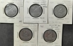 BRASIL  Série Alumínio  Base Catálogo Amigo 2024, 5 moedas SOBERBA, 2 Cruzeiros, Anverso Brasão da República, AV287, 1957; AV288, 1958; AV289, 1959; AV290, 1960; AV291, 1961 (Uma de cada)