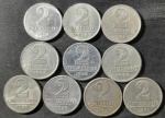 BRASIL  Série Alumínio  Base Catálogo Amigo 2024, 10 moedas BC/MBC, 2 Cruzeiros, Anverso Brasão da República, AV287, 1957(3moedas); AV288, 1958(3moedas); AV289, 1959(2moedas); AV291, 1961 (2moedas)