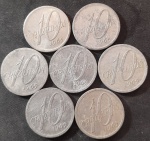 BRASIL  Série Alumínio  Base Catálogo Amigo 2024, 07 moedas BC/MBC, 10 Cruzeiros, Anverso Mapa do Brasil, AV292, 1965