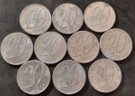 BRASIL  Série Alumínio  Base Catálogo Amigo 2024, 10 moedas BC/MBC, 20 Cruzeiros, Anverso Mapa do Brasil, AV293, 1965