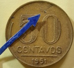 BRASIL  República Base Catálogo Amigo 2024, 01 moeda BC/MBC, 50 Ctvs, Brasileiros Ilustres(3), Bronze Alumínio, Eurico Gaspar Dutra, AV222, 1951. Anomalia: cunho quebrado no  reverso, conforme imagem.