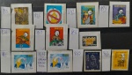 BRASIL – séries OBRAS PORTINARI (R855), RESPEITO NO TRÂNSITO (R825); PROFISSOES (R842 sem BR, R854/858/859 com BR) e PRODUTOS, SERV. E COMUNIC. POSTAL (R856, R861 em dois tons de azul, R865 e R866) novos com goma, em perfeito estado de conservação, confor