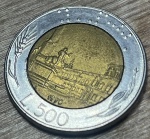 ITALIA, BIMETALICA. 1990- 500 LIRE , EXCELENTE MOEDA PARA ABRILHANTAR AINDA MAIS SUA COLEÇÃO.