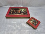 Conjunto ingles de 6 jogos americanos com porta copo em cortiça, cena galante. Medindo o jogo americano 29cm x 21,5cm, porta copo 10,5cm x 10,5cm.