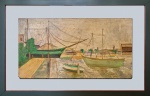 Garcia Bento (1897 - 1929). ANCORADOURO NO RIO DE JANEIRO. Rio, 1927. Óleo sobre madeira. 25 x 48 cm (mi); 40 x 63 cm (me). Assinado e datado no cid. Dedicatória no verso: "Para meu amigo Ricardo (?) Ferreira o abraço Garcia Bento Rio de Janeiro Rio de Janeiro 1927". Emolduramento moderno. Passepartout em vidro. (O branco da imagem é o branco da parede sobre a qual a obra foi fotografada).