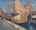 Mario Navarro da Costa (1883-1931). EMBARCAÇÕES EM VENEZA. 50 x 60 cm (mi); 71 x 80 cm (me). Assinado e localizado no cie. Moldura Artefact. Leia mais: Se pintores como Castagneto pertencem totalmente ao Séc. XIX, Navarro da Costa, ao contrário, não pode ser entendido sem o Séc. XX, no qual atuou. Nada deve a Grimm, muito embora suas primeiras marinhas mostrem nítida influência de Castagneto. Mas sua arte é mais construída e menos espontânea que a desse célebre marinhista, além de a nortear, também, um sentimento cromático muito mais intenso. O pintor com que mais se assemelha, entre os brasileiros, é sem dúvida Garcia Bento, não apenas pela utilização, que ambos fizeram, da espatulagem, como sobretudo por um tipo específico de visão. (...) A tendência da crítica, desde há alguns anos, é lhe conceder o primeiro lugar, entre todos os nossos marinhistas. É o que fizeram Nogueira da Silva e Ronald de Carvalho e, mais recentemente, Celso Kelly e Pedro Caminada Manuel Gismondi. O próprio Quirino Campofiorito parece ser da mesma opinião, ao escrever:  No Brasil, a luminosidade tropical dos temas marinheiros não teve pintor que superasse os registros de sua intensidade que lhe asseguraram as tintas da paleta de Mário Navarro da Costa através de seus pincéis, sempre guiados por uma irrefreável espontaneidade e um marcado domínio do ofício (fonte: Teixeira Leite, José Roberto. Dicionário Crítico da Pintura no Brasil. Rio de Janeiro: Artlivre, 1988).