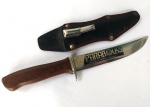 Vintage Coleção, Decoração, Faca Caça, Sobrevivência, com propaganda PARABOLKS da Ilha do Governador, RJ, medindo 25,5cm. Cabo madeira, bainha em couro com clip