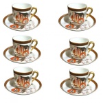 Conjunto com 6 xícaras em porcelana japonesa branca, esmaltada decorada com carroça, acompanha caixa; Medindo 10 cm e 5 x 6,5 cm.