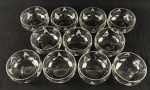 Onze bowls, confeccionadas em fino cristal europeu translucido, com decoração no padrão foguinho. Medindo: 5 x 11 cm. 7 com bicados.