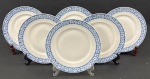 EPIAG, Tchecoslováquia. Seis pratos para sobremesa em porcelana tcheca esmalatda na cor branca, decoração em azul floral. Manufatura no verso. Medindo: 22 cm.