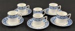 EPIAG, Tchecoslováquia. Seis xícaras para café com 5 pires em porcelana tcheca esmalatda na cor branca, decoração em azul floral. Manufatura no verso.