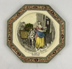 Cries of London - Prato decorativo octogonal em faiança, com cena de vendedores ambulantes e burro, decoração em tons de verde, marrom e policromia. Medindo: 24 cm.
