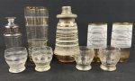 Conjunto anos 50 coquetelier-, balde, recipinete e 2 copoc long drink. 21 cm, 20, 17 e 14 x 6,5 cm