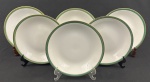 RENNER. Seis pratos fundos em porcelana nacional, esmaltado na cor branca, borda com listra verde e filetes em ouro. Manufatura no verso. Medindo:3 x 22 cm.