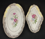 REAL, São Paulo.   Travessa e espinheira em porcelana de ótima qualidade e manufatura nacional, adornadas por ricos filetes à ouro e motivos florais. Manufatura no verso. Medindo: 18 x 29 cm e 14 x 23 cm,